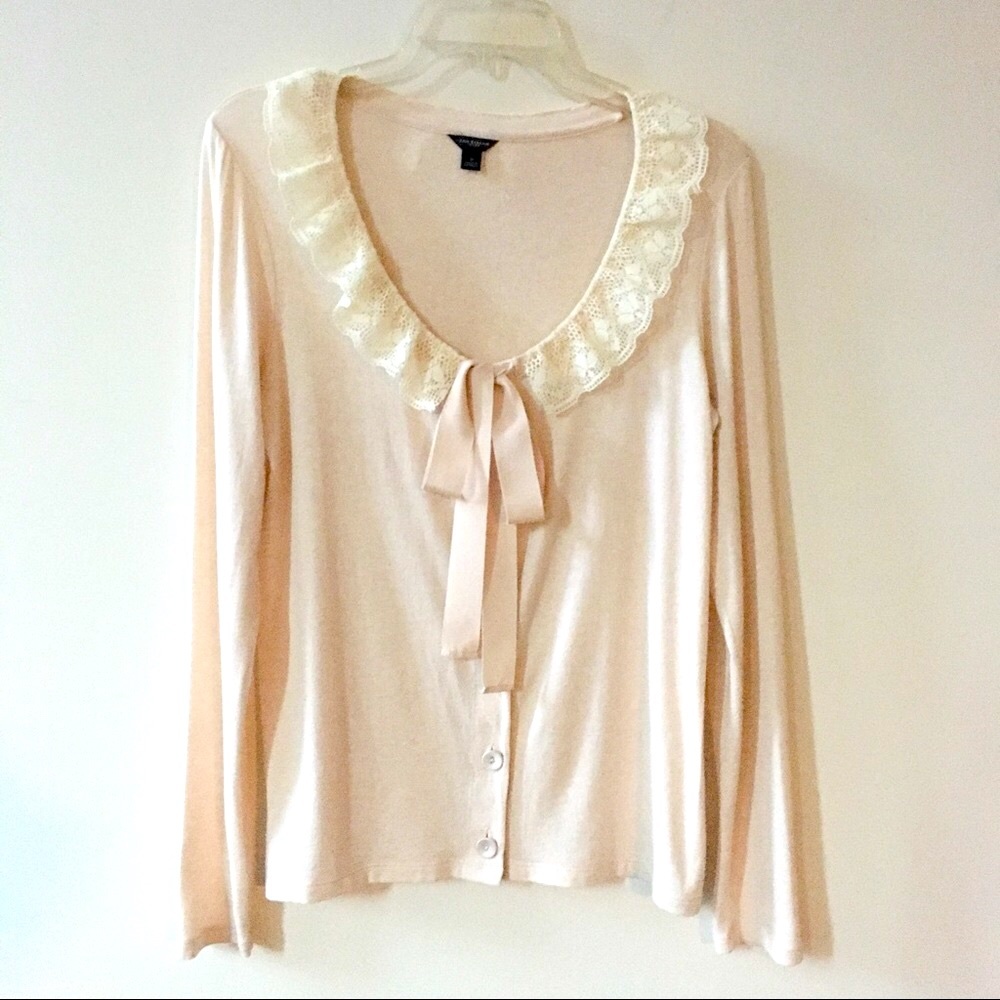 Cottagecore/Grannycore - Wool Blend Long Sleeve Lace Collar Ribbon Tie Top - (S)